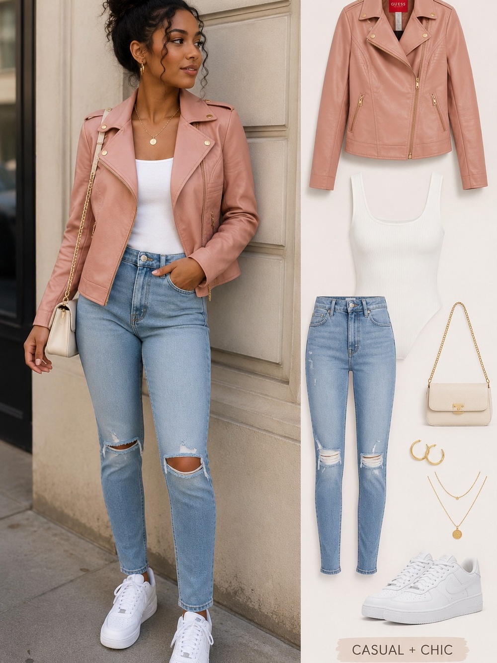 GUESS Dusty Rose Faux Leather Moto Jacket with Gold Accents